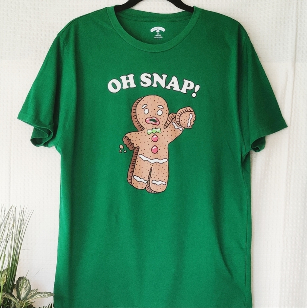 Holiday Time Men's Gingerbread Man "Oh Snap" Green T-Shirt Size Medium